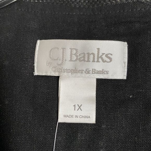 C.J. Banks Linen Cotton Top Blouse 1X Black Embroidered Round Neck Cottagecore - Picture 5 of 6